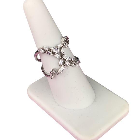 Silver Emerald Diamond Baguette Cubic Zirconia X Shape Ring Size 7 Size 8 - Picture 15 of 17